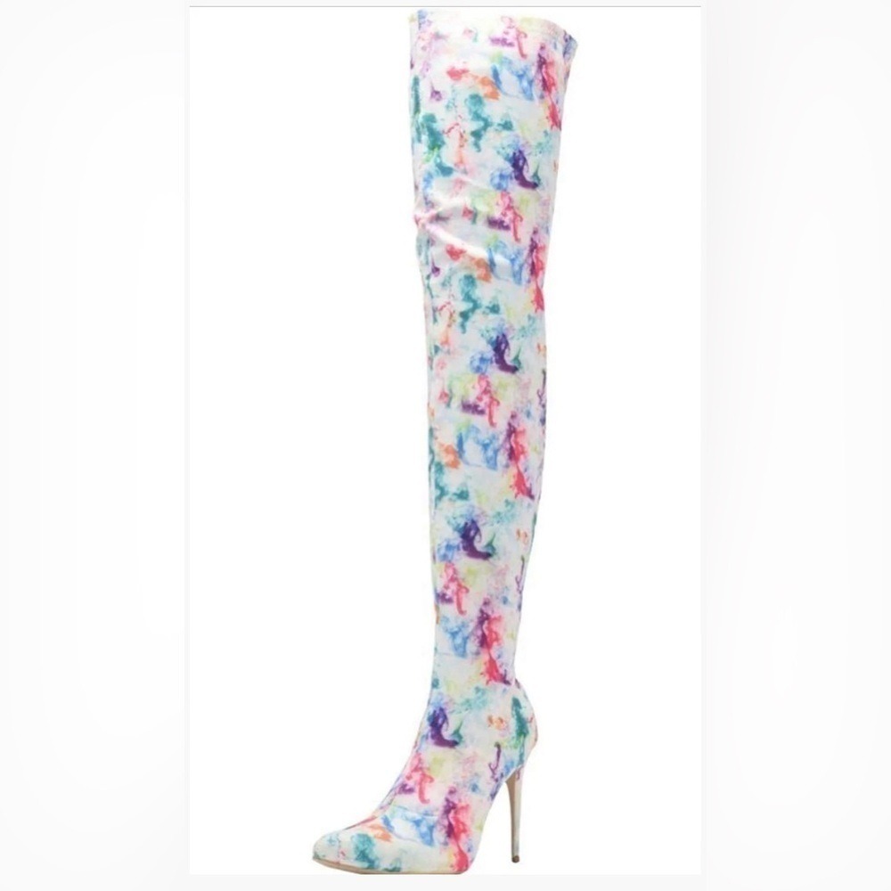 Tie-Dye Thigh High Heel Boots Stretch Sz 37/6.5 Exotic Dancer Club Festival Sexy